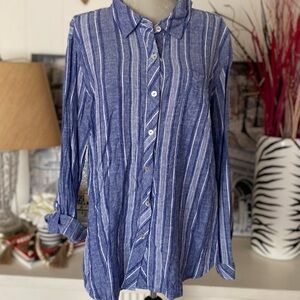 Susan Graver Blue Striped Linen Blend Roll Tab sleeve Button-Up Shirt Women's LP